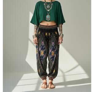 Black Peacock Eye Rayon Harem Pants Hippie Yoga Aladdin Festival M / L